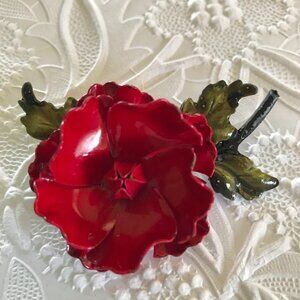 Bright Red Enamel Vintage CORO Flower Brooch!